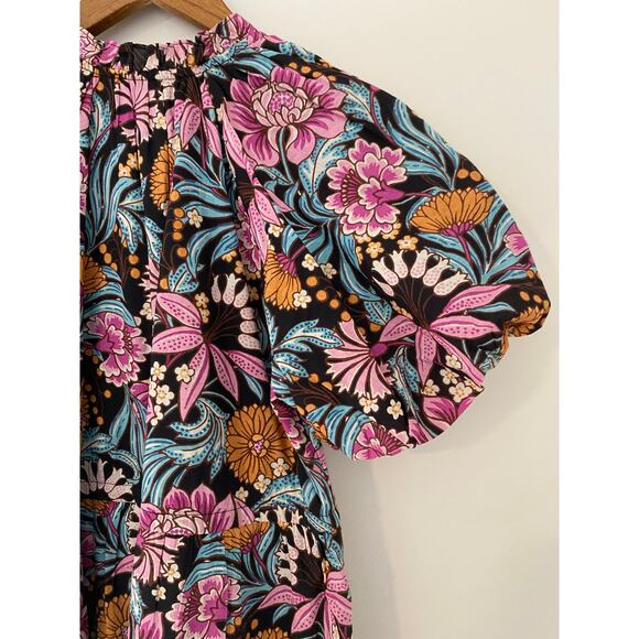 Banjanan Poppy Floral Print Organic Cotton Midi Dress Black Beauty Purple EUC - Picture 15 of 16